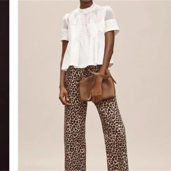 Women Lace-Detail Flared Blouse Short-Sleeve Crew Neck Lace Poplin Mesh - Picture 3 of 7